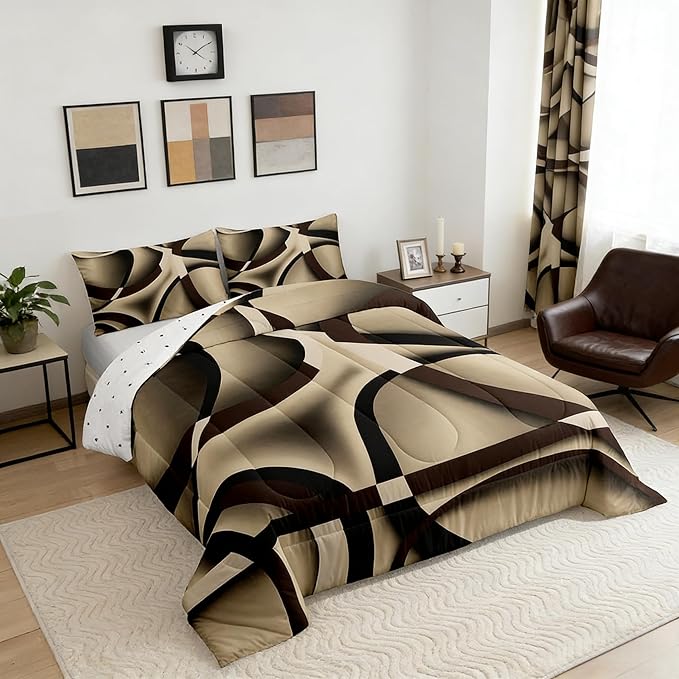 Castle Fairy Circle Geometric Comforter Set Khaki Black Brown Swirls Bedding Set for Kids Girls Women Adults Abstract Stripes Comforter Retro Style Quilted Duvet Set Bedroom Collection Twin Size 2Pcs