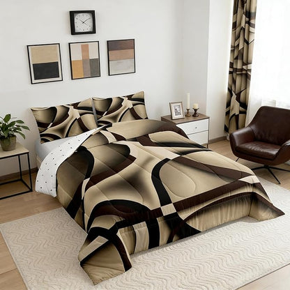 Castle Fairy Circle Geometric Comforter Set Khaki Black Brown Swirls Bedding Set for Kids Girls Women Adults Abstract Stripes Comforter Retro Style Quilted Duvet Set Bedroom Collection Twin Size 2Pcs
