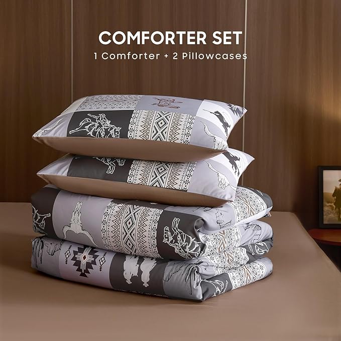 Wake In Cloud - Western Comforter Set, Southwestern Aztec Country Horse Cowboy Rustic Ranch Pattern Printed, Soft Lightweight Bedding, 3 Pieces, Gray Brown, Queen Size