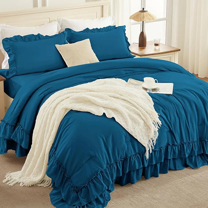 Andency Teal King Comforter Set (104x90Inch), 3 Pieces Ruffle Bedding Set with 2 Pillowcases, Farmhouse Shabby Chic Lightweight Fluffy Soft All Season Bed Set