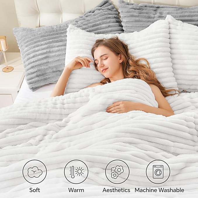 BEDELITE Fleece Full Comforter Set -Super Soft & Warm Fluffy Bright White Bedding, Luxury Fuzzy Heavy Bed Set for Winter with 2 Pillow Cases