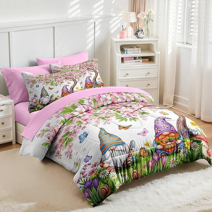 Nesker 7 Pcs Spring Comforter Set Full Size, Gnome Flower Bedding Set for Kids and Adults, Pink Cherry Blossoms Tree Bed Sheet Sets with Fitted Sheet 2 Pillowcases & 2 Shams