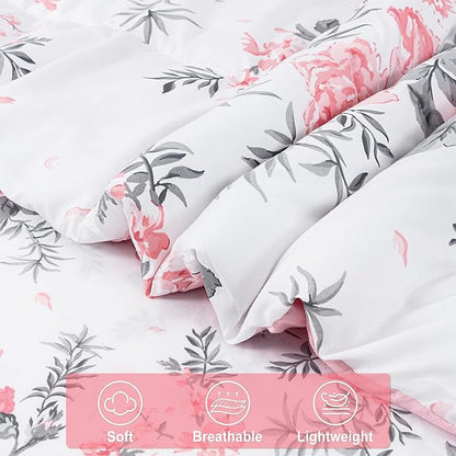 Floral Queen Comforter Set with Sheets, 7 Piece Luxury Vintage Bedding, Soft Microfiber Bed in a Bag, Cozy Lightweight Bed Set, Pink Flower Grey Leaf