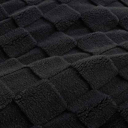 Litanika Fluffy Full Size Comforter Set Black, 3 Pieces Warm Sherpa Fleece Winter Bedding Set,Jacquard Checkered Plush Fuzzy Bed Set(1 Comforter, 2 Pillowcases)