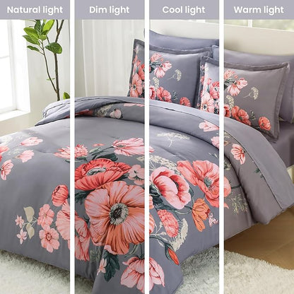 Queen Comforter Set - 7 Pieces Bed in a Bag Dark Grey Floral Queen Comforter Set with Sheets, Soft Microfiber Flower Complete Bedding Set for All Seasons（Dark Grey,90"x90"）