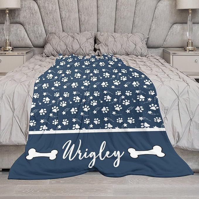 Artsadd Personalized Paw Print Dog Blanket with Pets Name, Custom Name Blanket for Small Dogs, Flannel Puppy Blanket, Memorial Gifts for Loss of Dog, Pet Loss Sympathy Remembrance Gifts