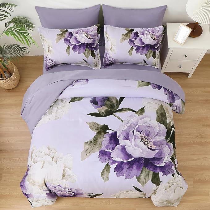 Dobuyly Purple Comforter Set Full Size 7 Piece Bed in a Bag Full, Purple Floral Printed on Light Purple Comforter Set with Sheets, Soft Microfiber Botanical Complete Bedding Set for All Season
