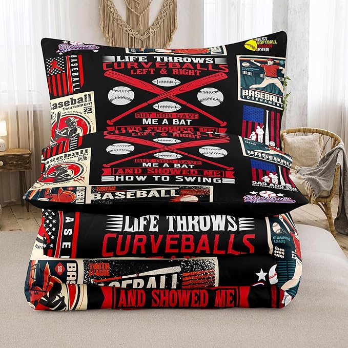 NINENINE Baseball Comforter Set for Kids,Twin Size Bedding Sets for Boys,Sports Bedding Set for Boys Kids,Black Retro Comforter Set with 1 Comforter 1 Pillowcase…