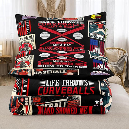 NINENINE Baseball Bedding Sports Bedding Set for Boys Kids,Queen Size Comforter Sets for Boys,Black Retro Comforter Set with 1 Comforter 2 Pillowcases…