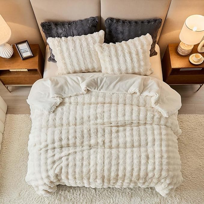King Faux Rabbit Fur Comforter Set - 3 Pieces Fluffy Bedding Set Ultra Soft Warm Shaggy Winter Flannel Bed Set, Luxury Skin Friendly Sherpa Comforter Set & Pillow for Thanksgiving Beige Cream White