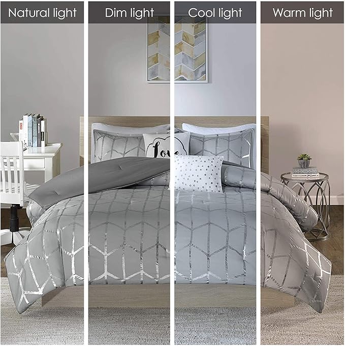 Intelligent Design - ID10-1245 Raina Comforter Set Metallic Print Geometric Design, Modern Trendy All Season Bedding Set, Matching Sham, Decorative Pillow, Grey/Silver, King/Cal King, 5 Piece