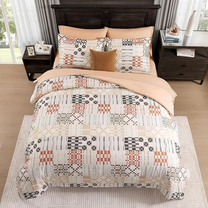 MaiRêve Full Size Comforter Sets, Classic Plaid Farmhouse Bedding Sets 7 Pieces, Beige All Season Bed in A Bag with Sheets, Pillowcases & Shams