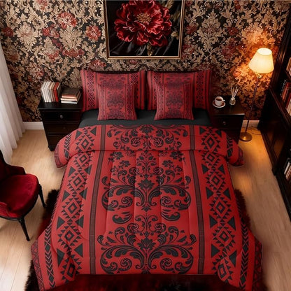 Comforter Set Queen Size, Dark Red Damask Aztec 7 Pcs Bedding for Kids and Adults, Antique Decor Western Baroque Gothic Bed Sheet Sets with Fitted Sheet 2 Pillowcases & 2 Shams for Bedroom Bed Decor