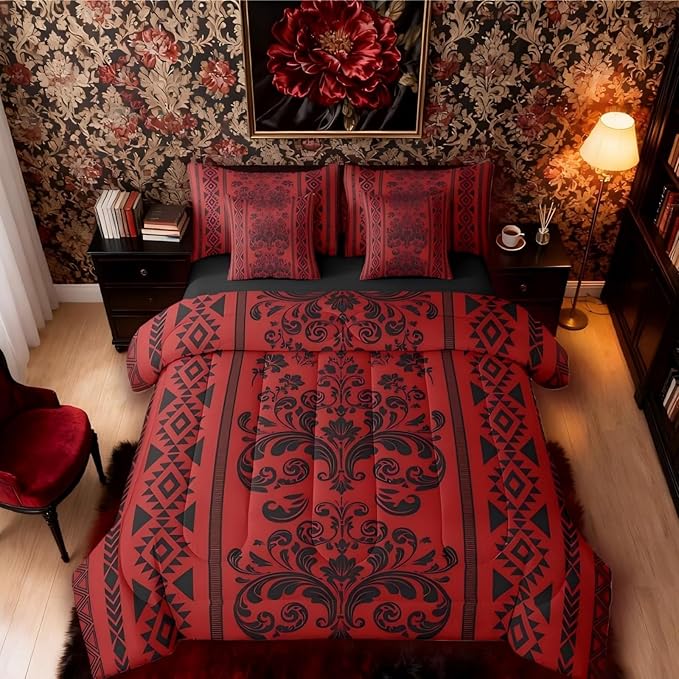 Comforter Set Twin Size, Dark Red Damask Aztec 7 Pcs Bedding for Kids and Adults, Antique Decor Western Baroque Gothic Bed Sheet Sets with Fitted Sheet 2 Pillowcases & 2 Shams for Bedroom Bed Decor