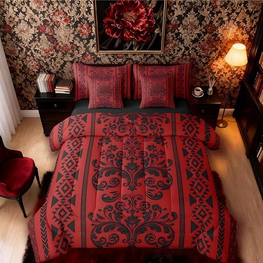 Comforter Set Twin Size, Dark Red Damask Aztec 7 Pcs Bedding for Kids and Adults, Antique Decor Western Baroque Gothic Bed Sheet Sets with Fitted Sheet 2 Pillowcases & 2 Shams for Bedroom Bed Decor