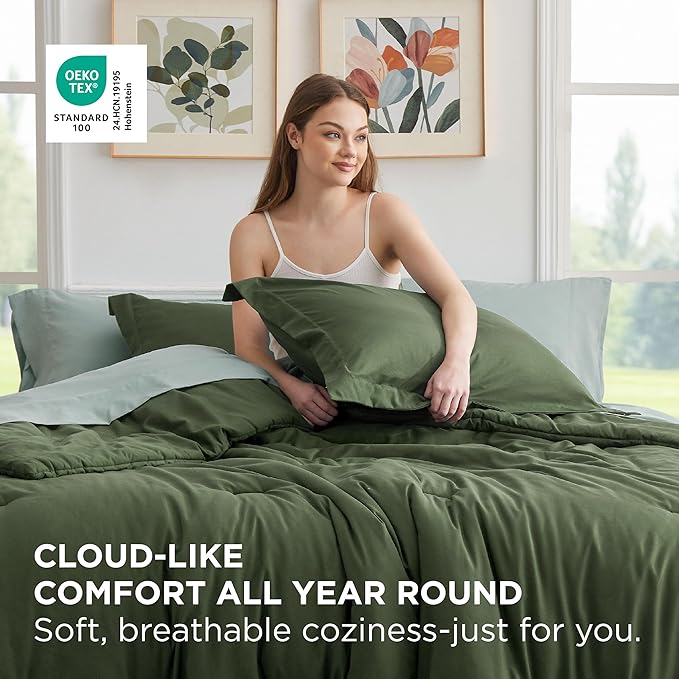 Bedsure Full Size Comforter Set - 7 Pieces Olive Green Full Bedding Set for All Seasons, Boho Contrasting Design Bed in a Bag with Comforter, Sheets, Pillowcases & Shams
