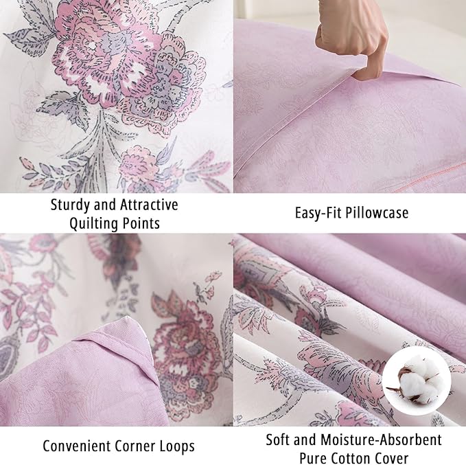 Pink Floral Cotton Comforter King Size 3PC - Vintage Romantic Botanical on Soft White with Smoky Pink Floral Reverse – Cozy Reversible Lightweight Comforter Set with Soft Fill(104"×90")