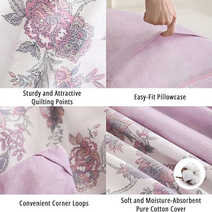 Pink Floral Cotton Comforter King Size 3PC - Vintage Romantic Botanical on Soft White with Smoky Pink Floral Reverse – Cozy Reversible Lightweight Comforter Set with Soft Fill(104"×90")