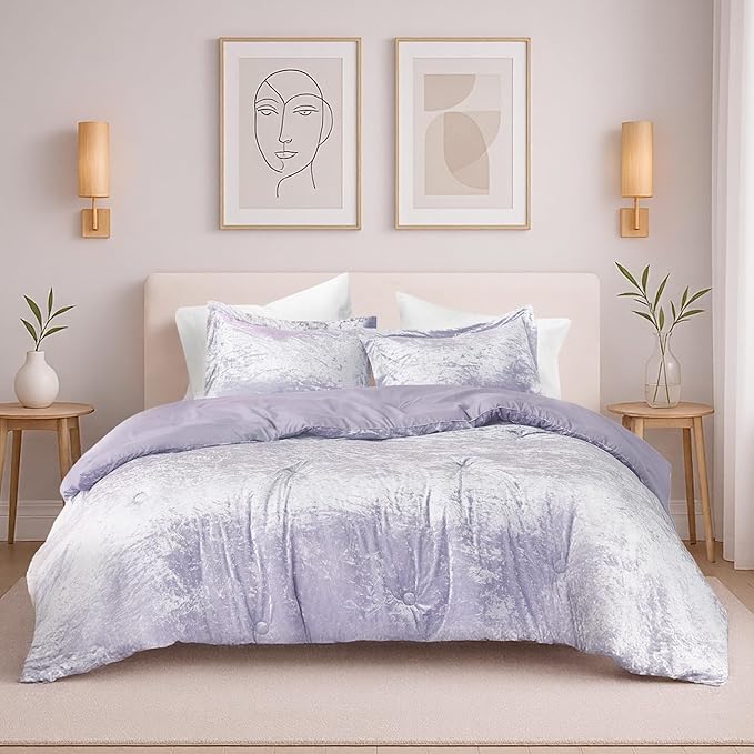 Comfort Spaces Juliette Luxe Comforter Set Velvet Lush with Soft Brushed Microfiber Reverse, All Season Cozy Velvet Bedding Sets, Fluffy Comforter Bed Set, Matching Sham, Purple Twin/Twin XL 2 Piece