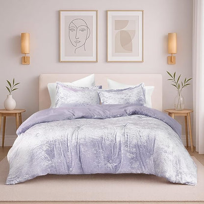 Comfort Spaces Juliette Purple Comforter Set Velvet Lush with Soft Brushed Microfiber Reverse, All Season Cozy Velvet Lavender Bedding Sets, Fluffy Comforter Bed Set, Matching Sham, Full/Queen 3 Piece