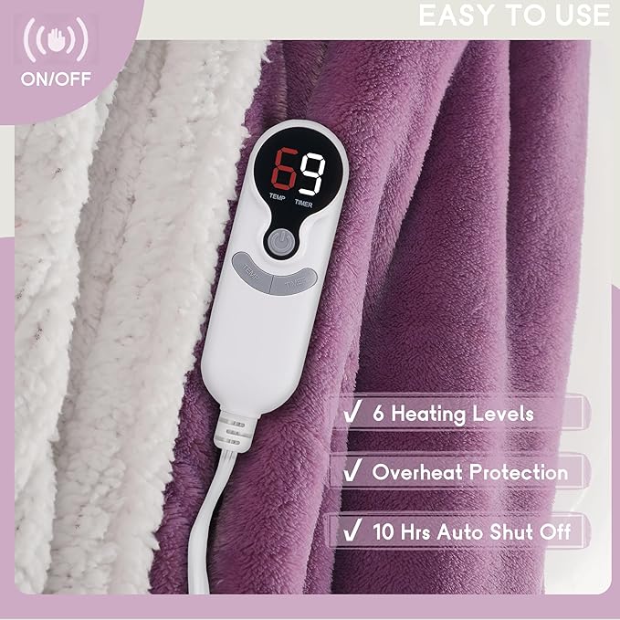 Heated Blanket Electric Blanket Queen Size 84''x90'' with 9 Heating Levels, 1-10 Hour Auto Shut Off, Machine Washable, Dual Controller Soft Warming Blanket for Couch, Bed, Office - Purple