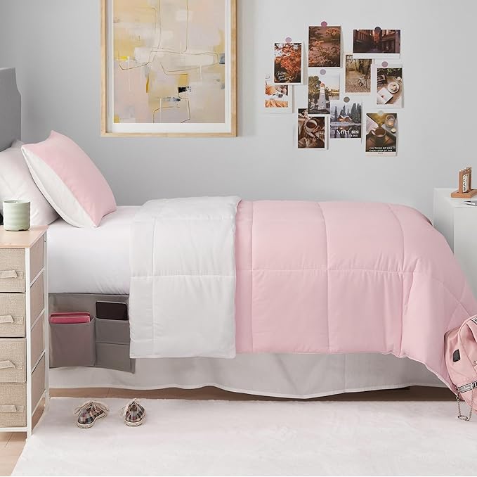 Reversible Box Stitch Comforter Set, 3-Piece King – Light Pink/White – Stylish Bedding Set