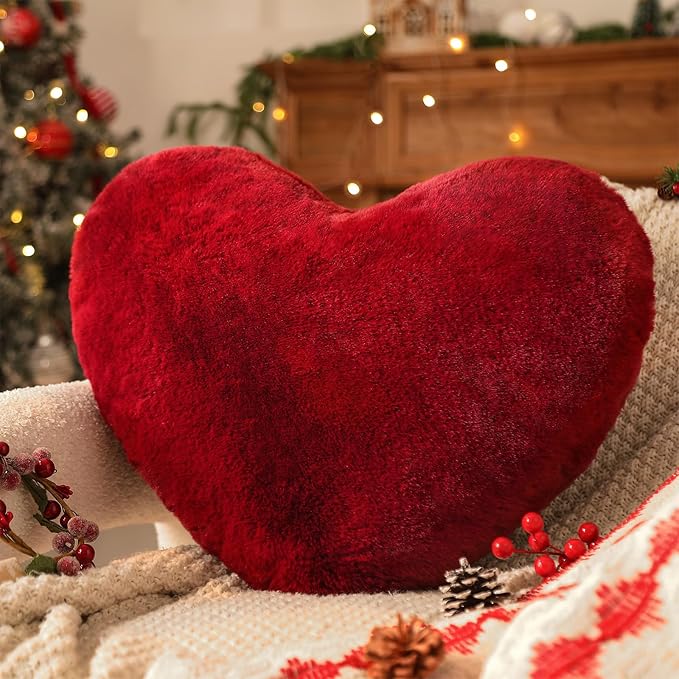 YRXRUS Valentines Heart Pillows, Love Heart Shaped Pillow, Small Cute Wine Red Heart Pillows for Gifts, Faux Rabbit Throw Pillows for Her, Kids, Girls Home Decoration, 10X11 Inch