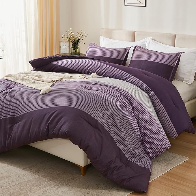 Litanika Purple Comforter Set Super King - 3 Pieces Lightweight Gray Purple Colorblock Stripe Fluffy Bedding Comforter Sets, All Season Bed Set
