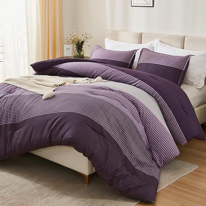Litanika Purple King Comforter Set, 3 Pieces Striped Bedding Set, Lightweight Soft All Season Down Alternative Comforter Set with Corner Loops (1 Gray&Purple Comforter, 2 Pillowcases)