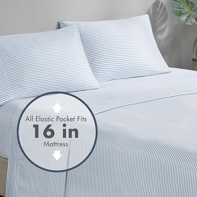 Madison Park Essentials Jaxon Bed in a Bag Comforter Set with Sheet, Printed Stripe Design, Modern All Season Bedding and Matching Sham, Queen Blue/Grey 7 Piece