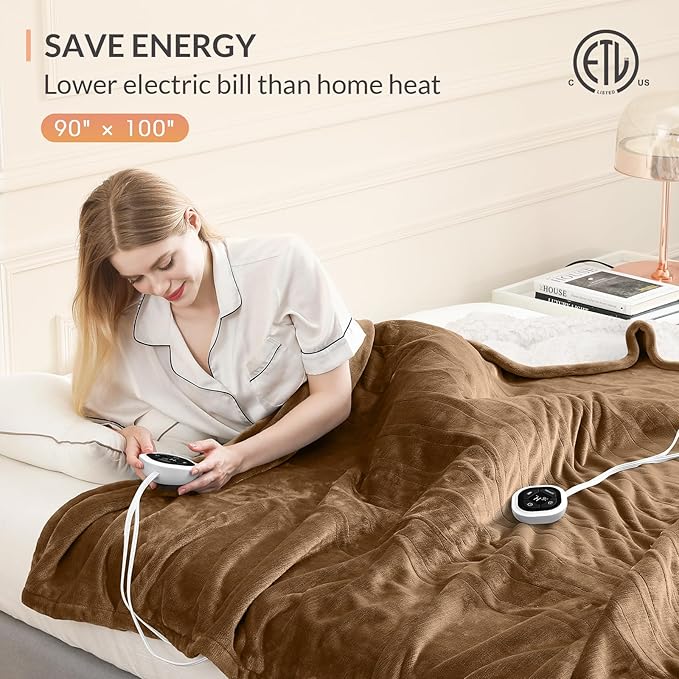 HOMLYNS LuxeHeat Heated Blanket Electric Blanket King Size, Soft Flannel Sherpa Heating Blanket with 10 Heat Settings, 1-10 hrs Timer Auto Shut Off (90x100 inches, Coffee)