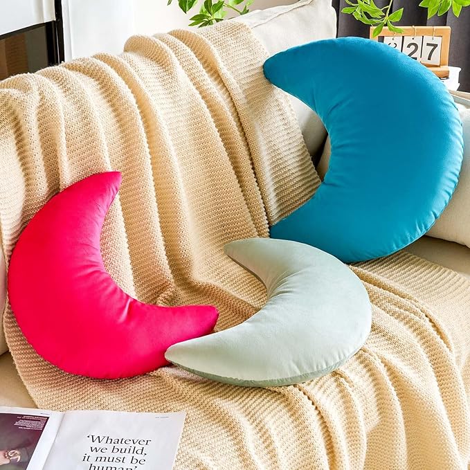 Teal Moon Pillow, 19.6" Cute Soft Velvet Half Moon Shape Plush Decorative Throw Pillows Cushions Room Decor for Couch Bedroom Living Room