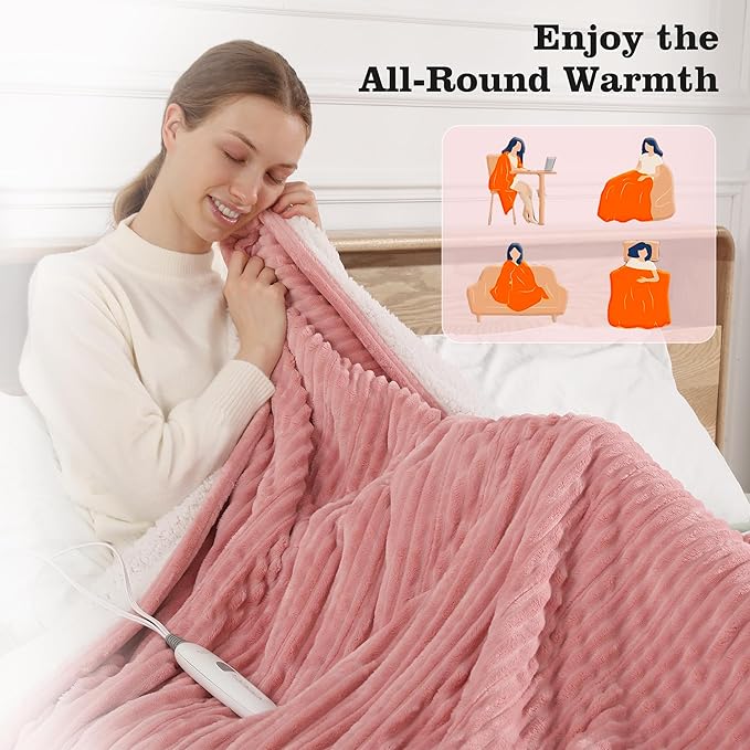 Heated Blanket Electric Throw 50"x60" Heating Blanket 450gsm Ribbed Flannel Sherpa Ultra-Soft with 5 Heating Levels and 4 Hour Auto Off, ETL & FCC Certified Electric Blanket, Great Winter Gift, Pink