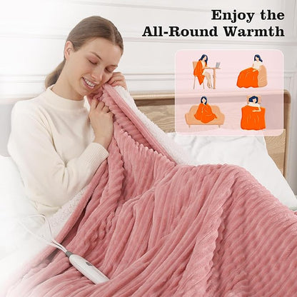 Heated Blanket Electric Throw 50"x60" Heating Blanket 450gsm Ribbed Flannel Sherpa Ultra-Soft with 5 Heating Levels and 4 Hour Auto Off, ETL & FCC Certified Electric Blanket, Great Winter Gift, Pink