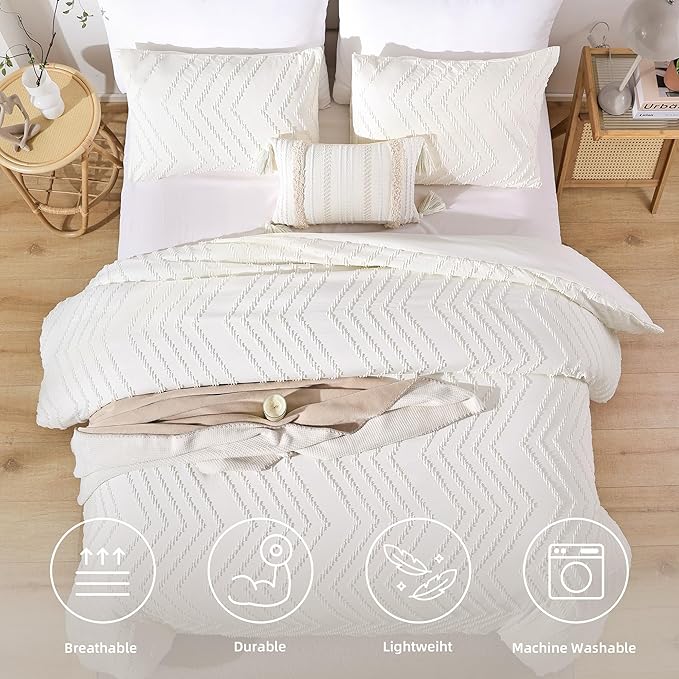 YIRDDEO Ivory White Twin Size Comforter Set 2Pcs, Boho Farmhouse Twin Size Bedding Set, Vertical Tufted Twin Bed Set, Lightweight Neutral Bedroom Set (1 Comforter 1 Pillowcase)