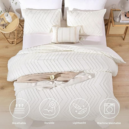 YIRDDEO Ivory White King Comforter Set, Boho Farmhouse Bedding Set, Vertical Tufted Bed Set, Lightweight Neutral Bedroom Set (1 Comforter 2 Pillowcase)