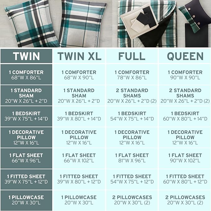 Intelligent Design Robbie 7-Piece Twin Comforter Set – Lightweight All-Season Plaid Bedding, Teal/Black, Cozy Bed-in-a-Bag with Matching Shams & Decorative Pillow, Modern Casual Style