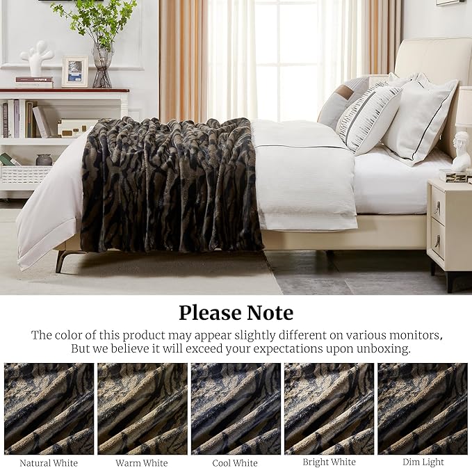 JONIYEAR Soft Fluffy Tiger Print Faux Rabbit Fur Blanket Twin Size 60" x 70",Oversized Luxury Decorative Cozy Shaggy Fuzzy Blankets,Reversible Warm Animal Printed Blanket for Women Winter,Brown Coffee