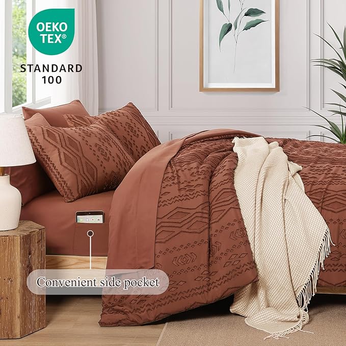 Queen Comforter Set Autumn Leaf, Tufted Boho Bedding Farmhouse Bed Set, All Season 7 Pieces Bed in a Bag with Sheets, Pillowcases & Shams