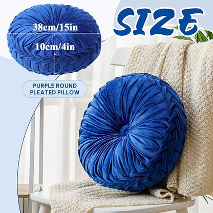 1 Pcs Round Throw Pillows Decorative Velvet Pleated Throw Pillows 15'' Diameter Accent Pumpkin Boho Chair Cushion for Couch Sofa Chair Bed Home Decoration (Navy Blue)