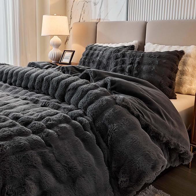 King Faux Rabbit Fur Comforter Set - 3 Pieces Fluffy Bedding Set Ultra Soft Warm Shaggy Winter Flannel Bed Set, Luxury Skin Friendly Sherpa Comforter Set & 2 Pillow Shams for Thanksgiving Dark Gray