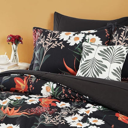 CASAAGUSTO Full Comforter Set, 7 PCS Black Shore Floral Comforter Set with Flowers Leaves Pattern, Soft Seersucker Design All Season Queen Size Bedding Set with Decor Pillow (80"X90")