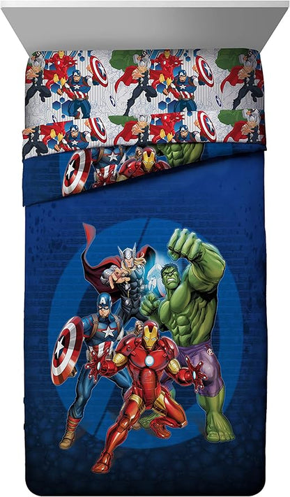 Marvel Avengers Blue Circle 5 Piece Full Bed Set - Includes Reversible Comforter & Sheet Set - Bedding Features Captain America & Iron Man - Fade Resistant Microfiber (Official Marvel Product)