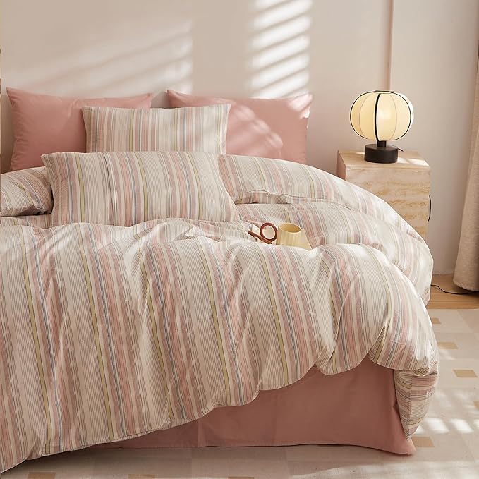 HighBuy Full Size Comforter Set 3 Piece Striped Bedding Set White Pink Stripes Comforter Teen Girls Lightweight Down Alternative Comforters for All Season 1 Stripe Comforter with 2 Pillowcases