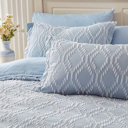 EMME 7 Piece King Embroidery Comforter Set Bed in A Bag, Microfiber Tufted Bedding Comforter with Sheets, Ultra Soft Comfortable Boho Bedding Set for All Season (King, Dusty Blue)