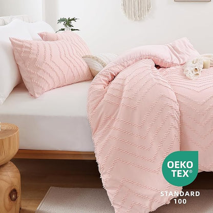 YIRDDEO Pink Full Comforter Set 3Pcs, Boho Blush Full Size Bedding Set, Vertical Tufted Bed Set, Lightweight Neutral Bedroom Set (1 Comforter 2 Pillowcase)