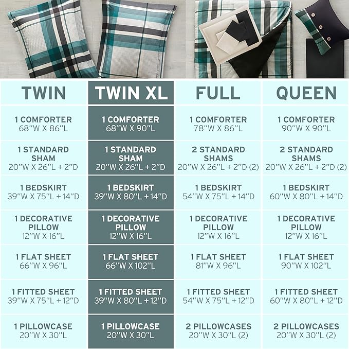 Intelligent Design Robbie 7-Piece Twin XL Comforter Set – Lightweight All-Season Plaid Bedding, Teal/Black, Cozy Bed-in-a-Bag with Matching Shams & Decorative Pillow, Modern Casual Style