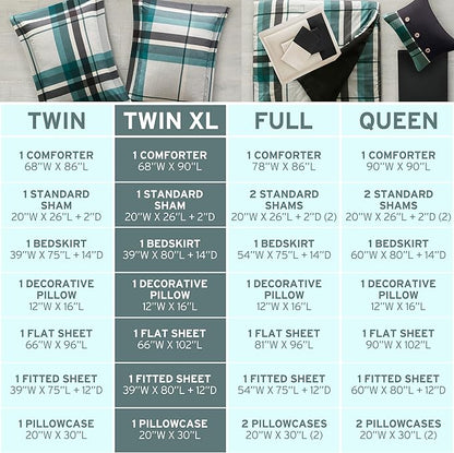 Intelligent Design Robbie 7-Piece Twin XL Comforter Set – Lightweight All-Season Plaid Bedding, Teal/Black, Cozy Bed-in-a-Bag with Matching Shams & Decorative Pillow, Modern Casual Style