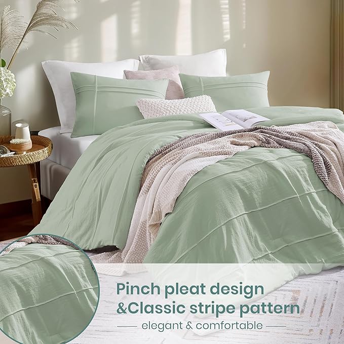 Boho King Size Comforter Set, Sage Green King Size Bed Set 3 Piece, Pinch Pleat King Bedding Set and Green Fluffy Comforter Sets for Bedroom