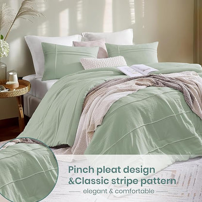 Boho King Size Comforter Set, Sage Green King Size Bed Set 3 Piece, Pinch Pleat King Bedding Set and Green Fluffy Comforter Sets for Bedroom